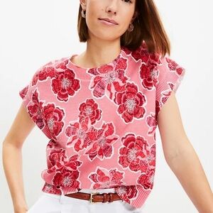 Loft Pink Red Floral Short Cap Sleeve Crewneck Sweater Top Blouse Shirt Size LG
